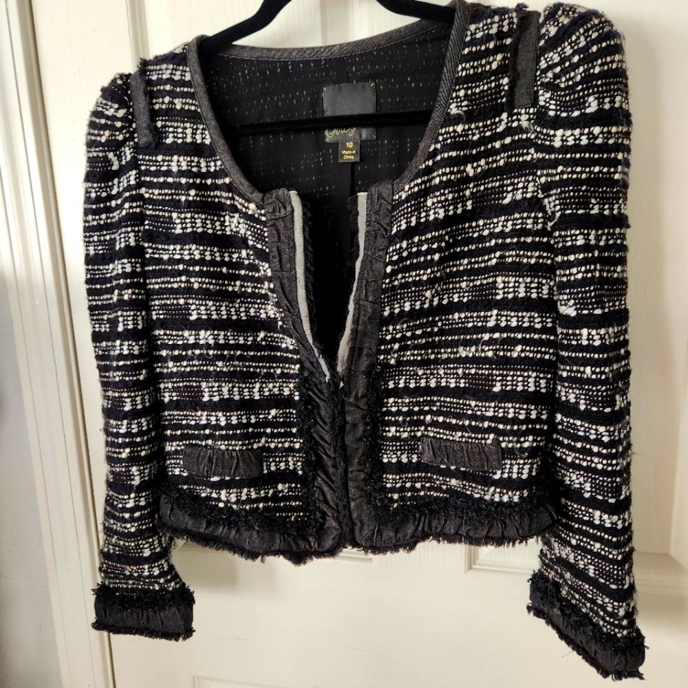 McGinn Black Tweed Embellished Blazer Jacket Wool with Metallic thread Sz 10